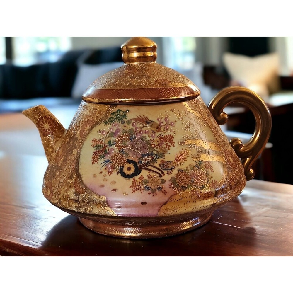Satsuma Large Teapot, Detailed Ornate Pattern, Peacock, Floral Pattern, China